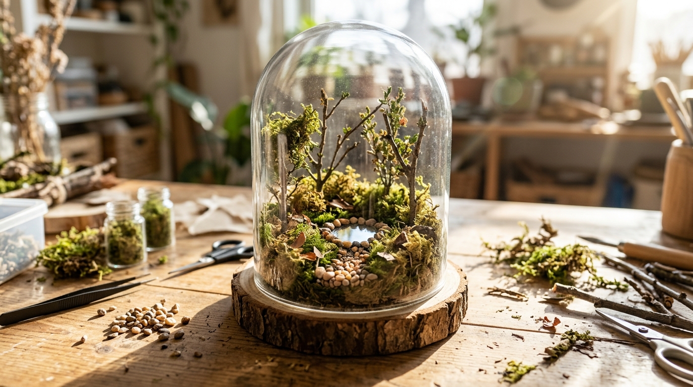 Nerdforge fantasy builds idea scaled down to a moss and pebble world under a glass cloche