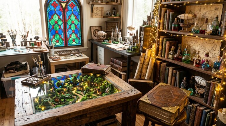 Nerdforge fantasy builds inspired room with a glowing world table, leatherbound books and stained glass
