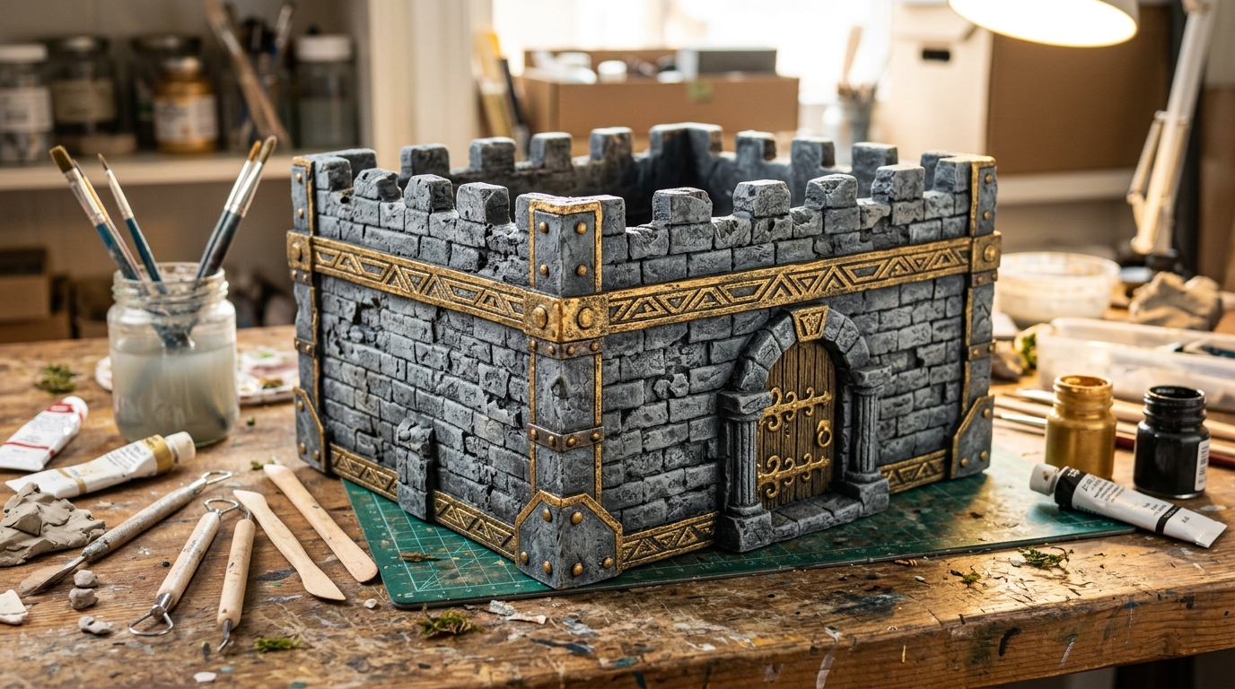 Nerdforge fantasy builds idea of a storage box covered in clay stone bricks with gold details