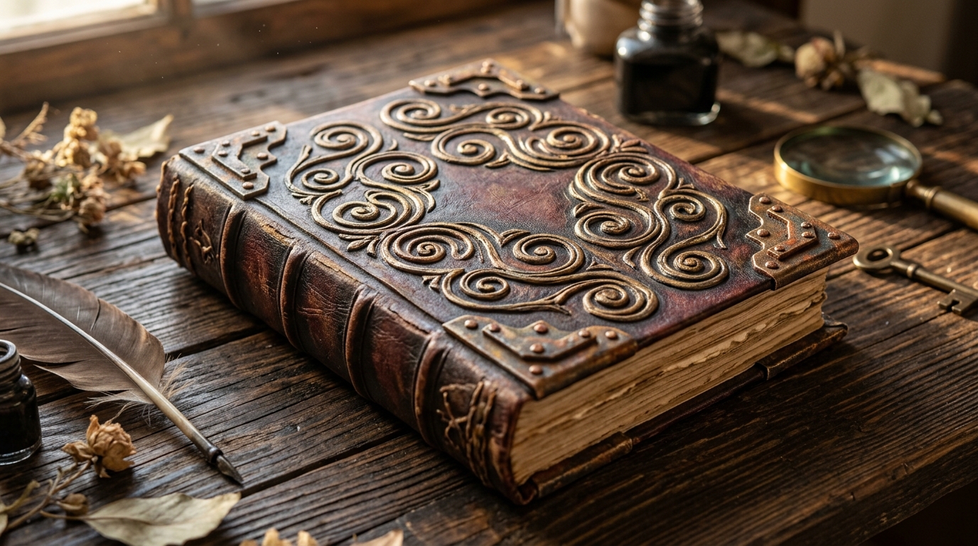 Handmade journal cover with cardboard corners and swirls painted like old metal