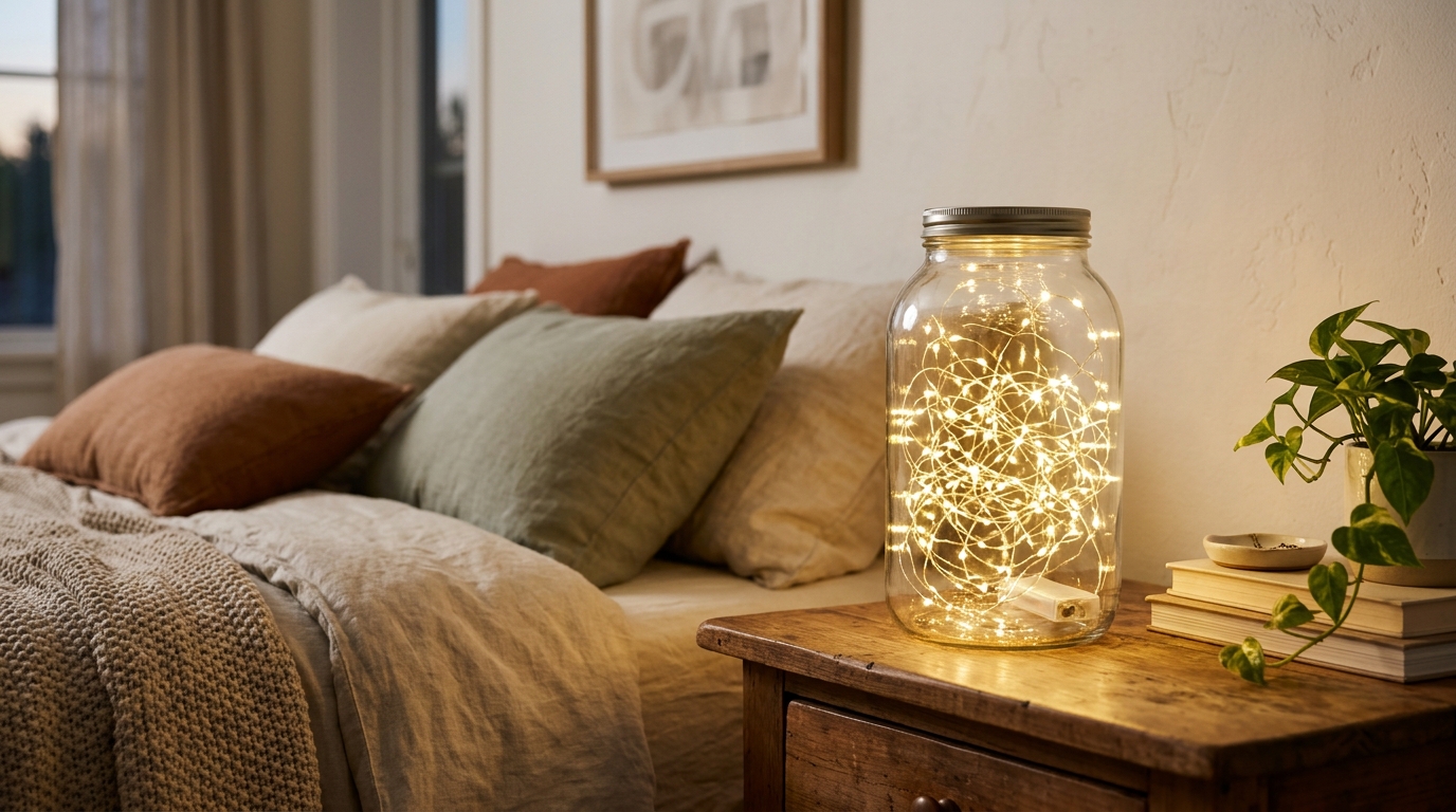 Large glass jar filled with glowing battery fairy lights on a nightstand