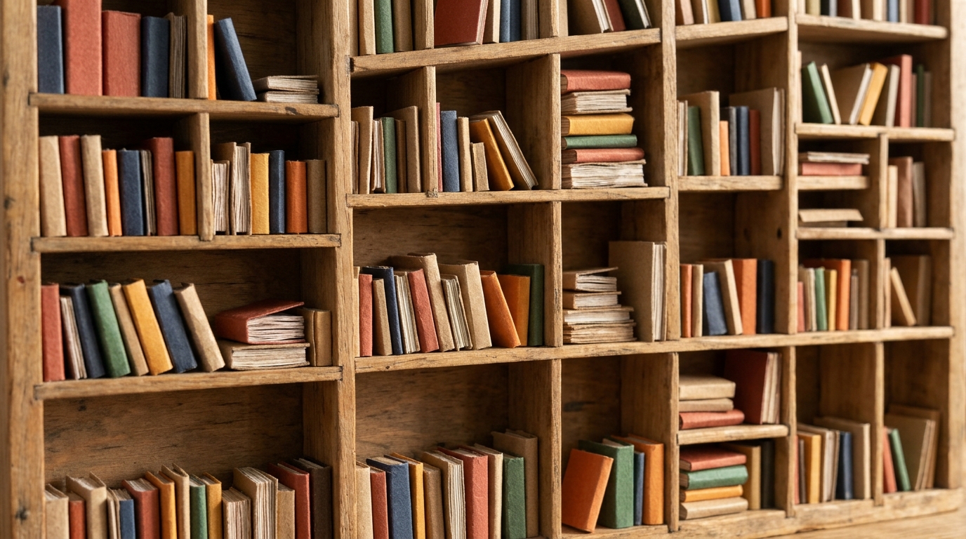 Wooden cubby shelf filled with little handmade books