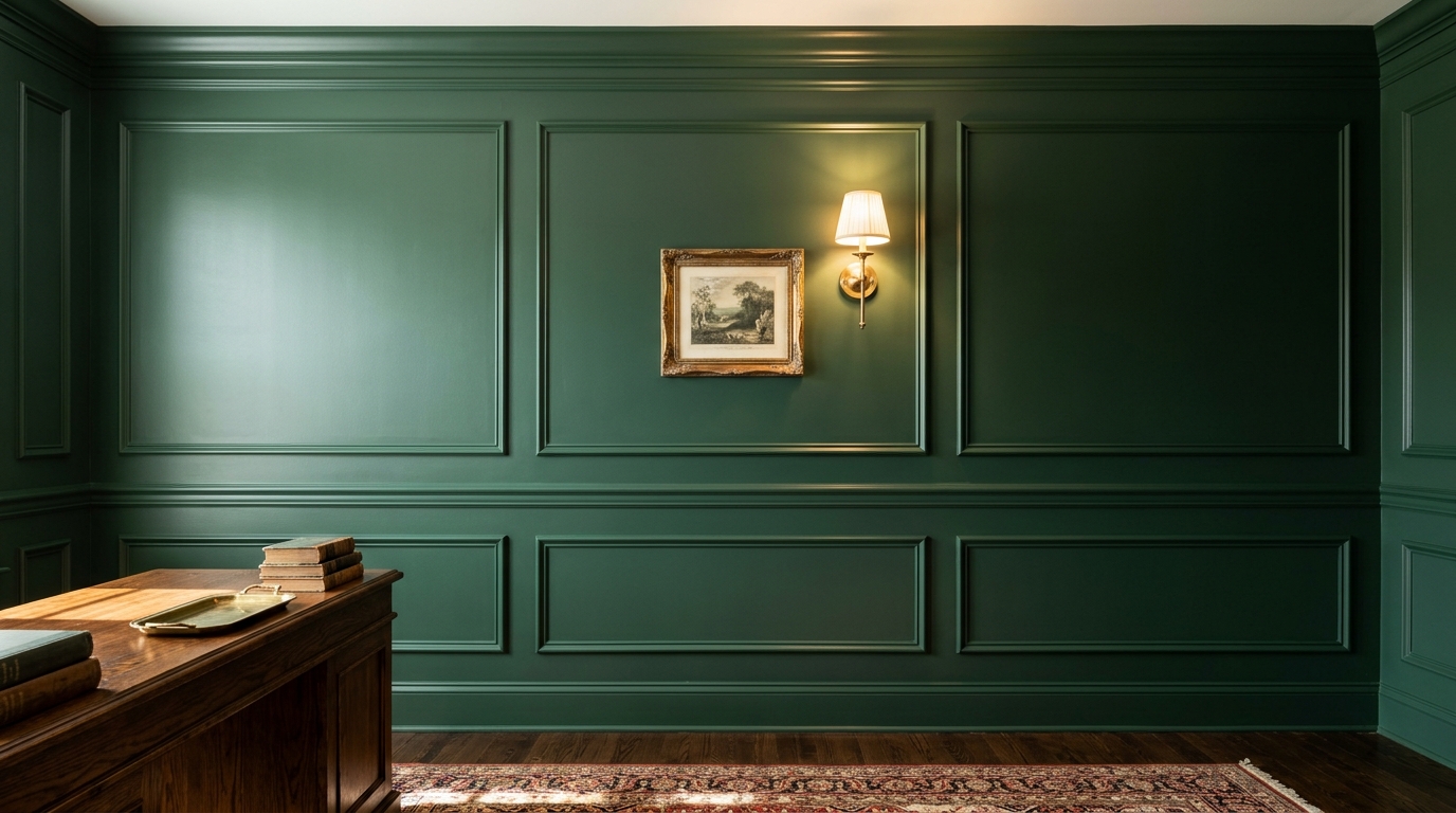 Plain wall with green picture frame molding boxes and a brass lamp