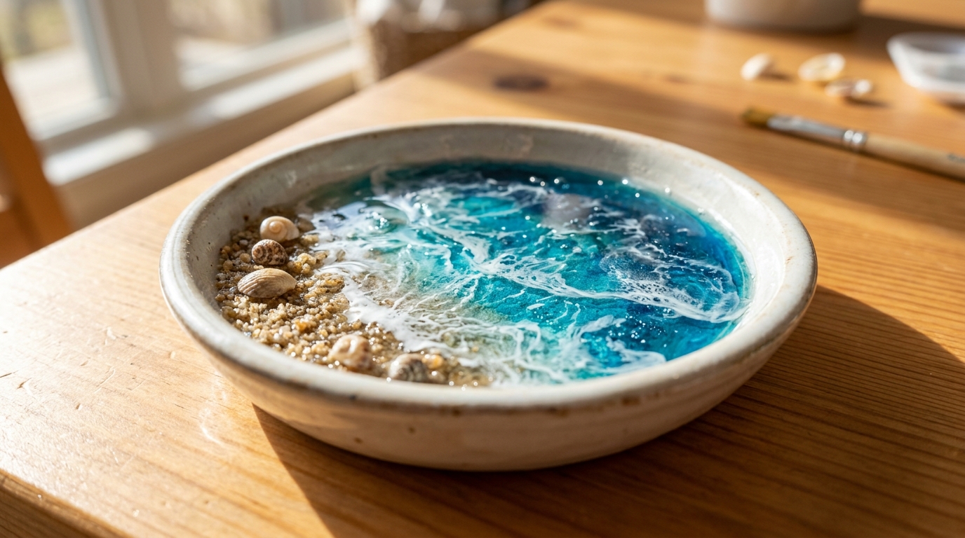 Shallow dish with a painted ocean scene, sand and tiny shells