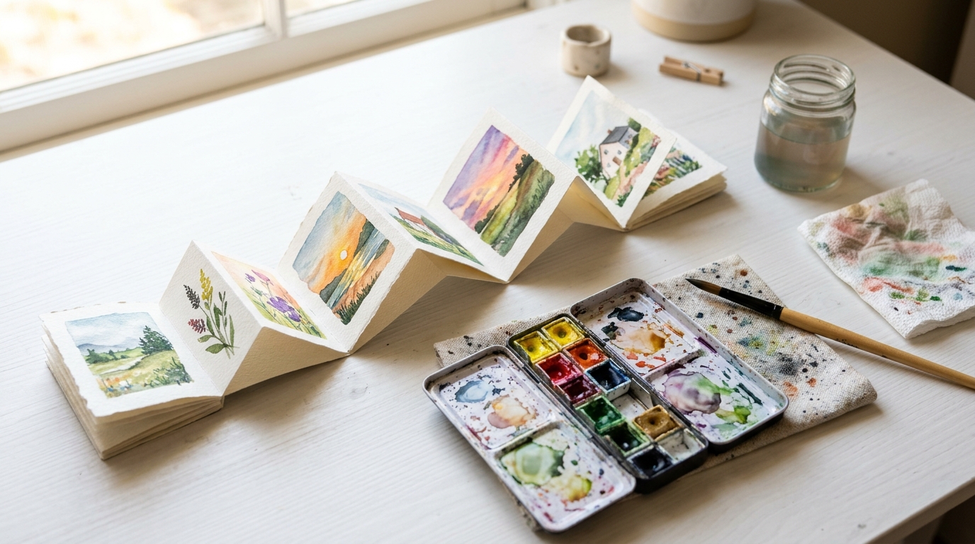 Small accordion sketchbook with tiny watercolor paintings and a paint set