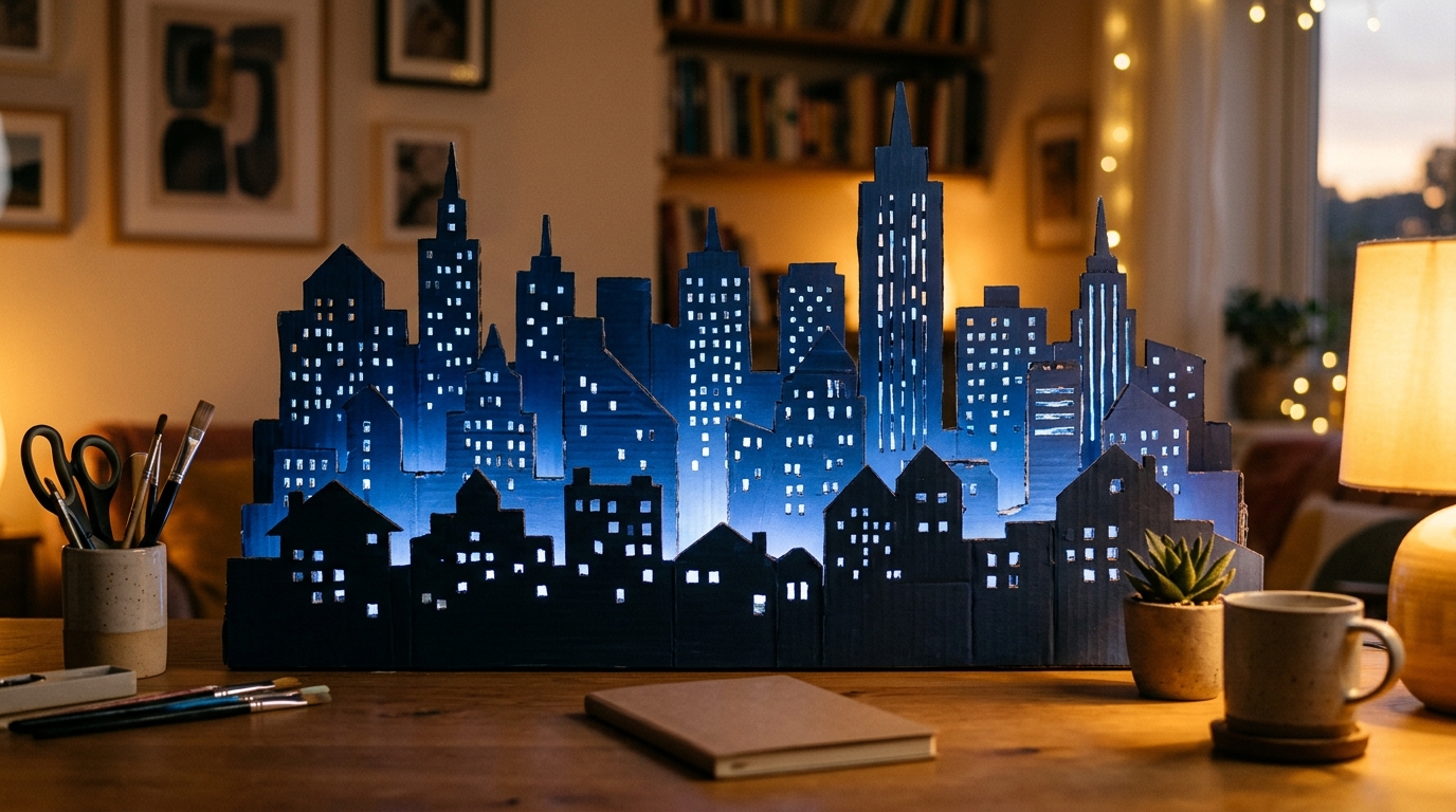 Cardboard city skyline shelf glowing with an LED strip behind tiny windows