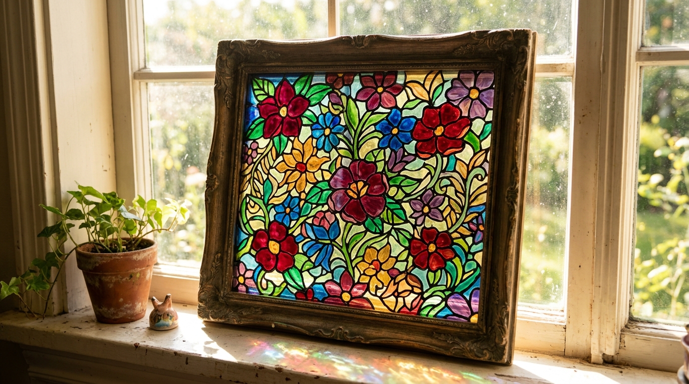 Thrift store frame turned into a faux stained glass floral panel in a sunny window