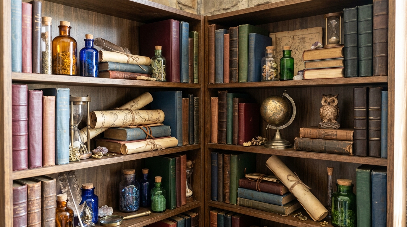 Bookshelf corner styled as a wizard study with potion bottles, maps and a globe