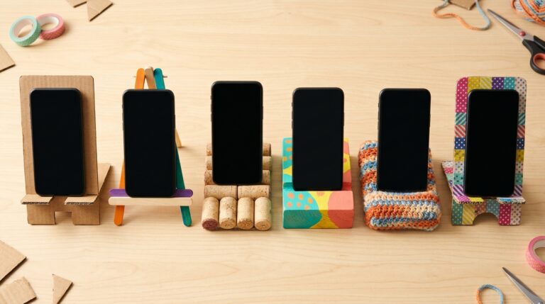 DIY phone stands made from cardboard, popsicle sticks, wine corks, wood and crochet lined up on a desk