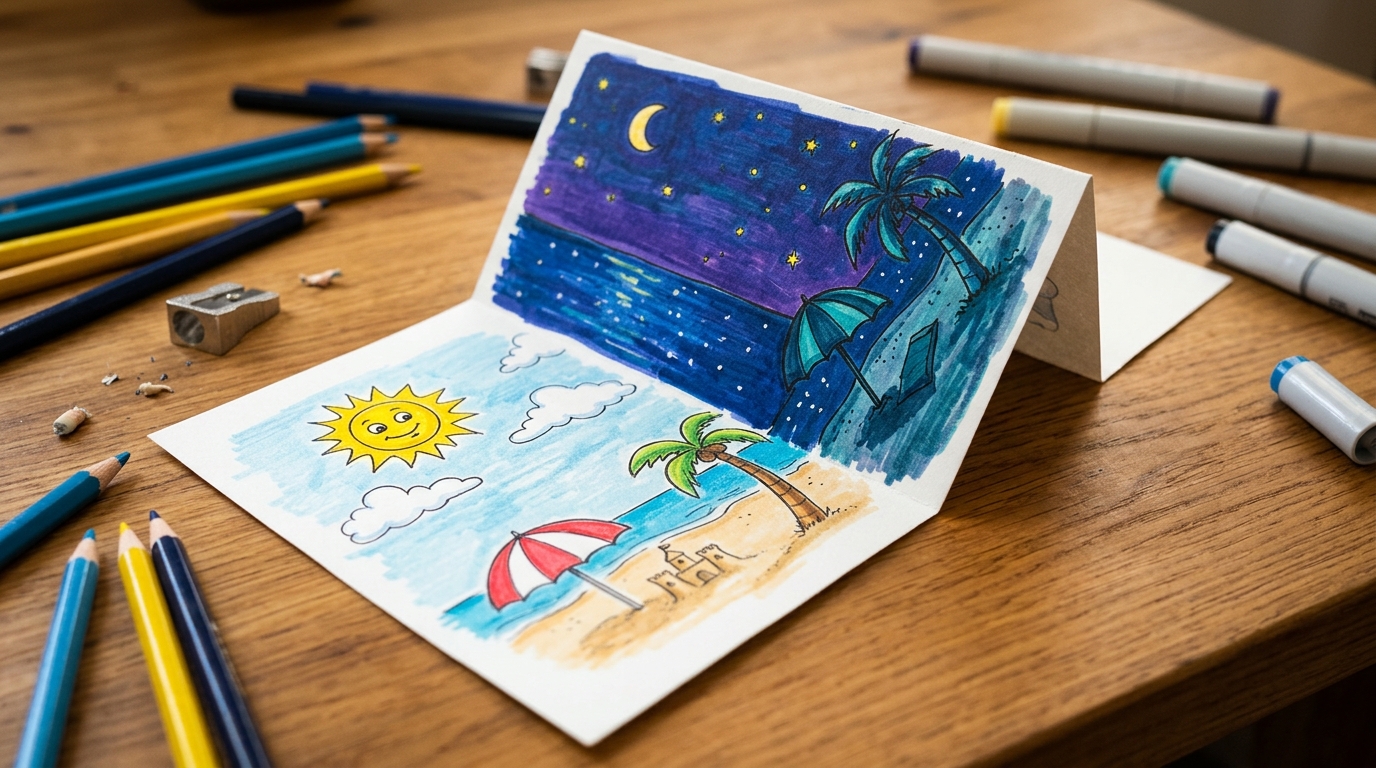 Fold drawing of a sunny beach that folds into the same beach at night