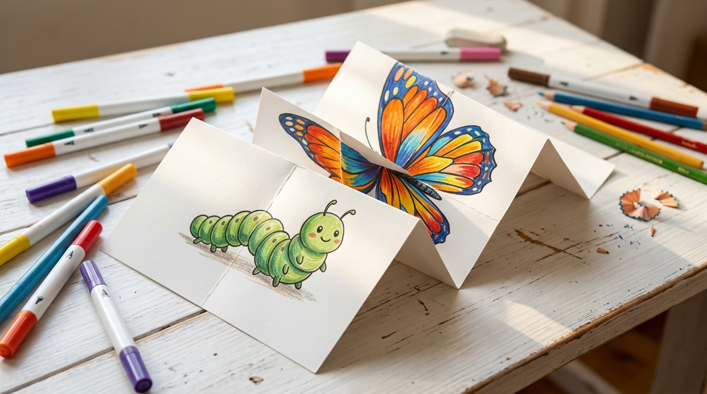 Fold drawing of a green caterpillar that folds into a colorful butterfly