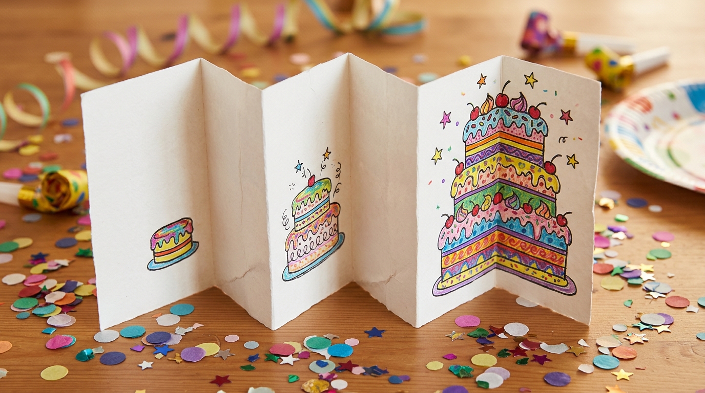 Accordion folded birthday drawing where a small cake grows into a tall cake