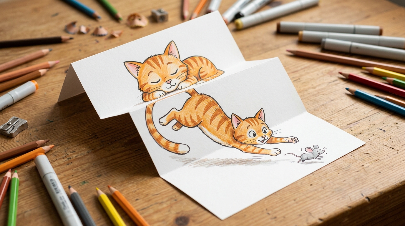 Fold drawing of a sleeping cat that folds into the cat chasing a mouse