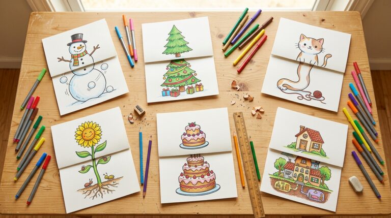 Fold surprise drawings half folded on a table with markers and colored pencils