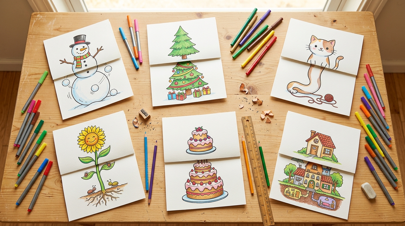 Fold surprise drawings half folded on a table with markers and colored pencils