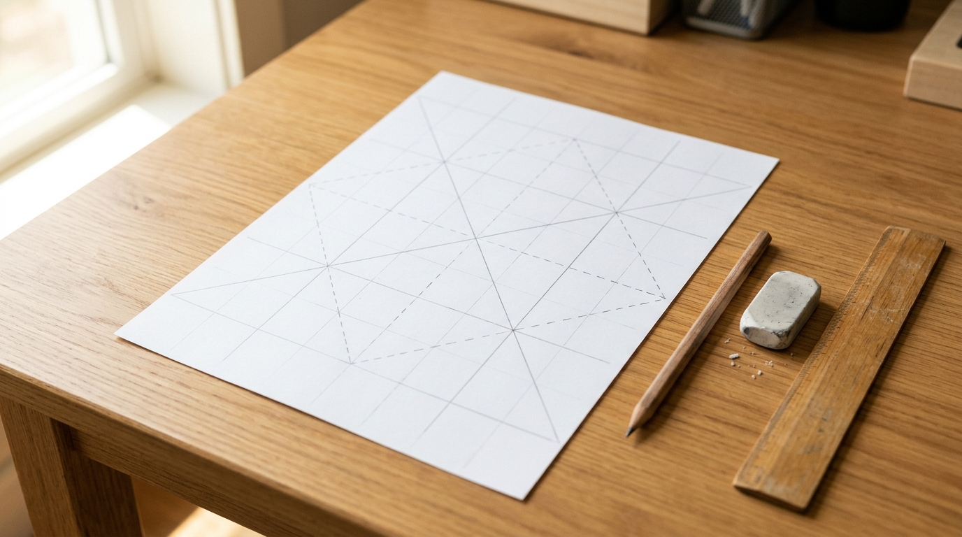 Paper with light pencil grid and fold lines next to a ruler and pencil