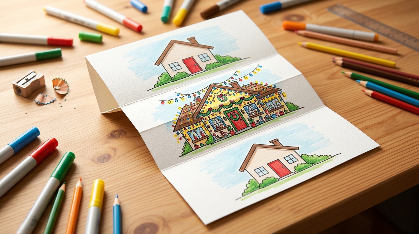 Fold drawing of a plain house that folds into a house covered in holiday lights