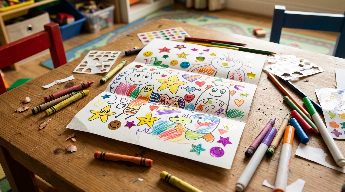 Simple kids fold drawing with stickers and shapes on a playroom table