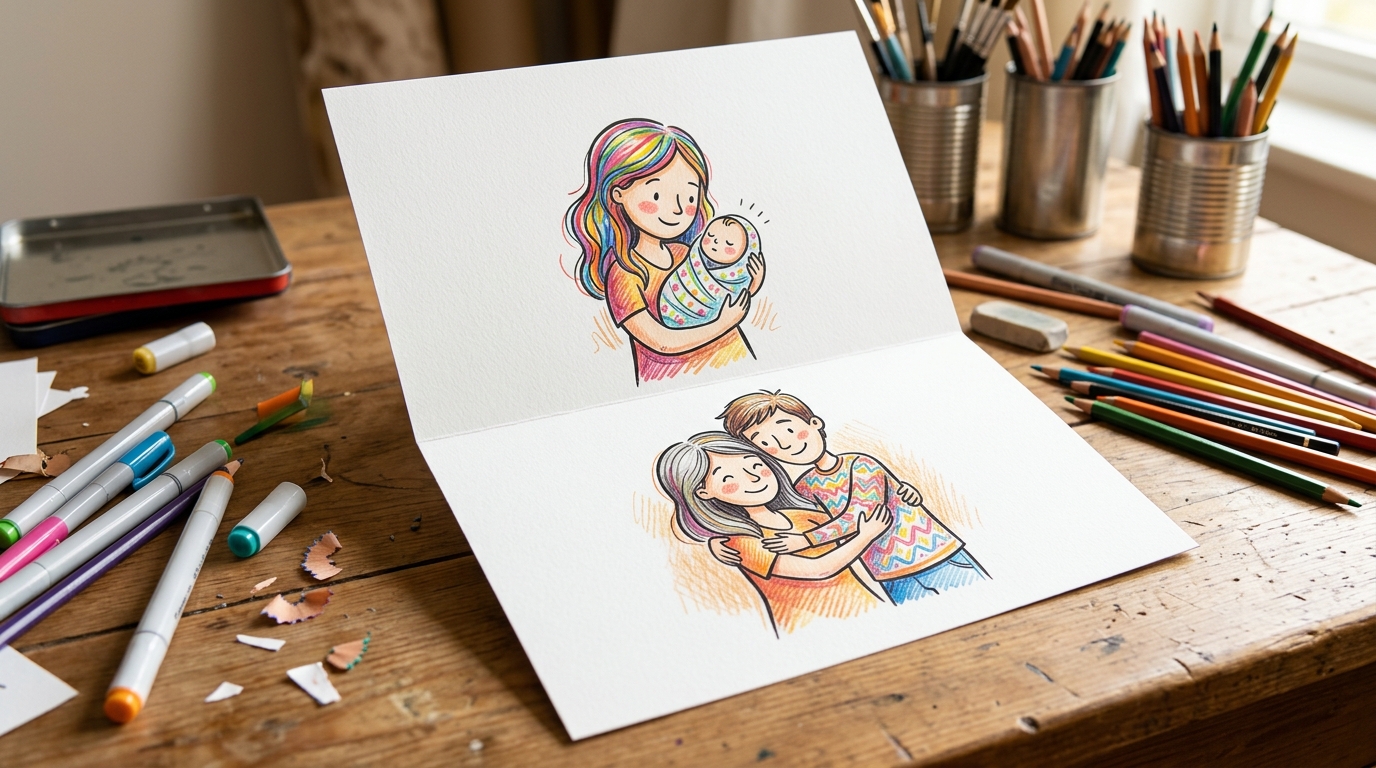 Fold surprise drawings of a mother holding a baby that folds into a grown child hugging her