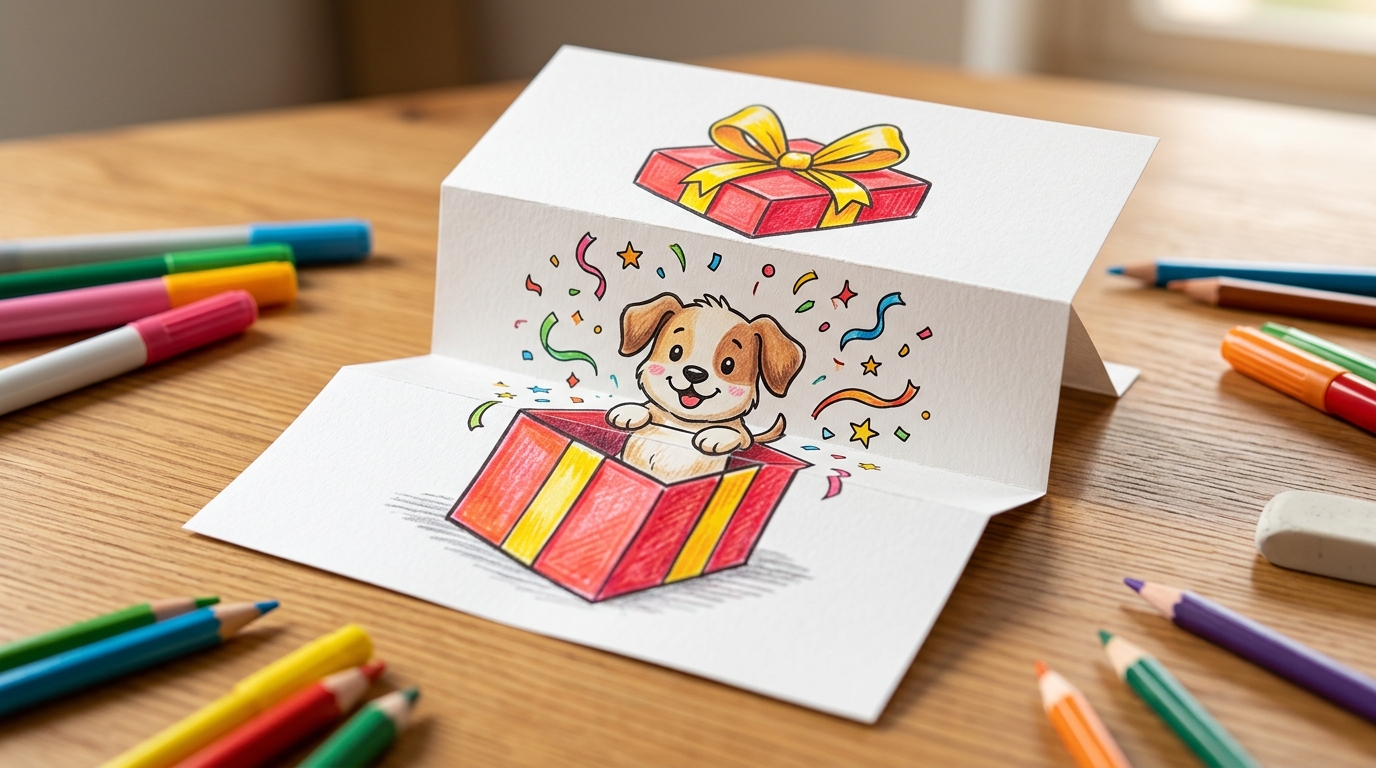 Fold drawing of a wrapped gift box that folds open to show a puppy