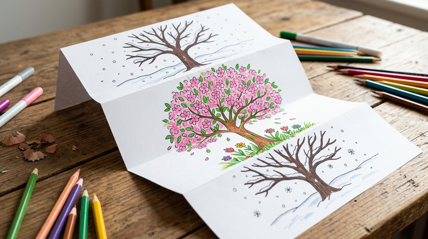 Fold surprise drawings of a bare winter tree that folds into a blooming spring tree