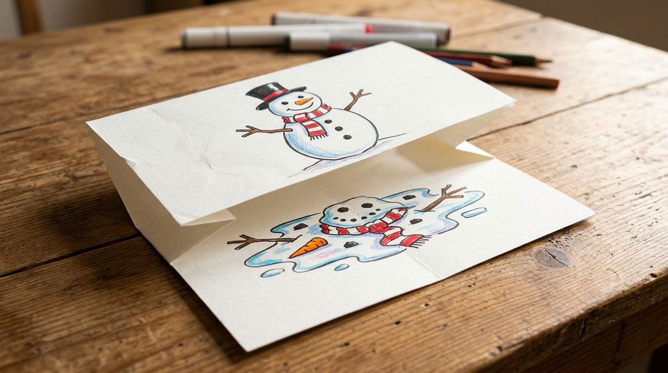 Fold surprise drawings idea: a happy snowman that folds into a melted puddle