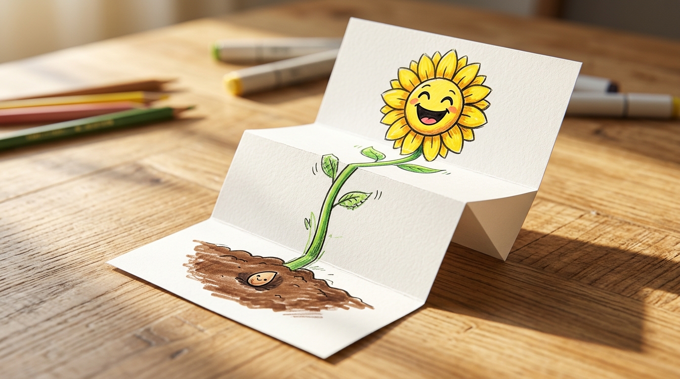 Fold surprise drawings of a seed in soil that folds into a tall sunflower