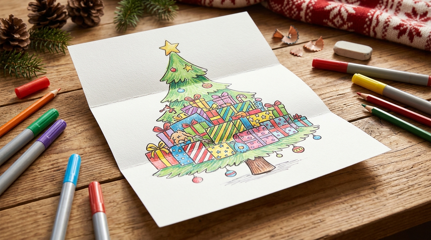 Fold surprise drawings of a Christmas tree that folds into a pile of gifts