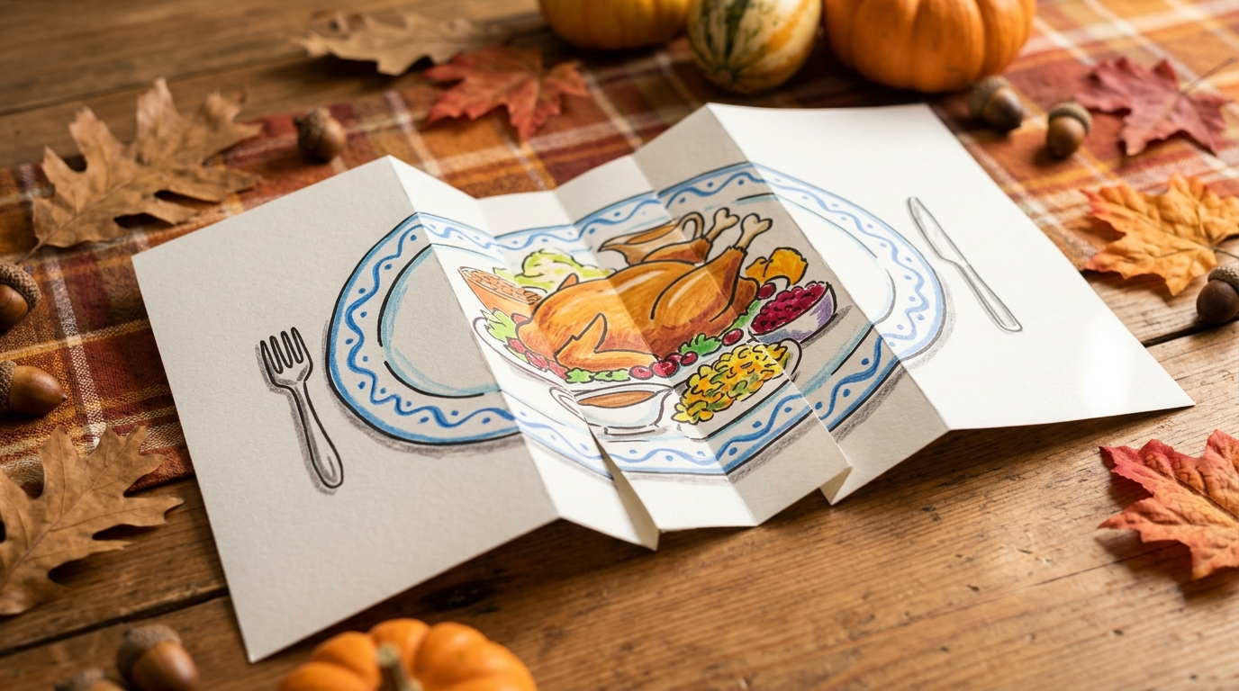 Fold drawing of an empty plate that folds into a plate with a turkey dinner