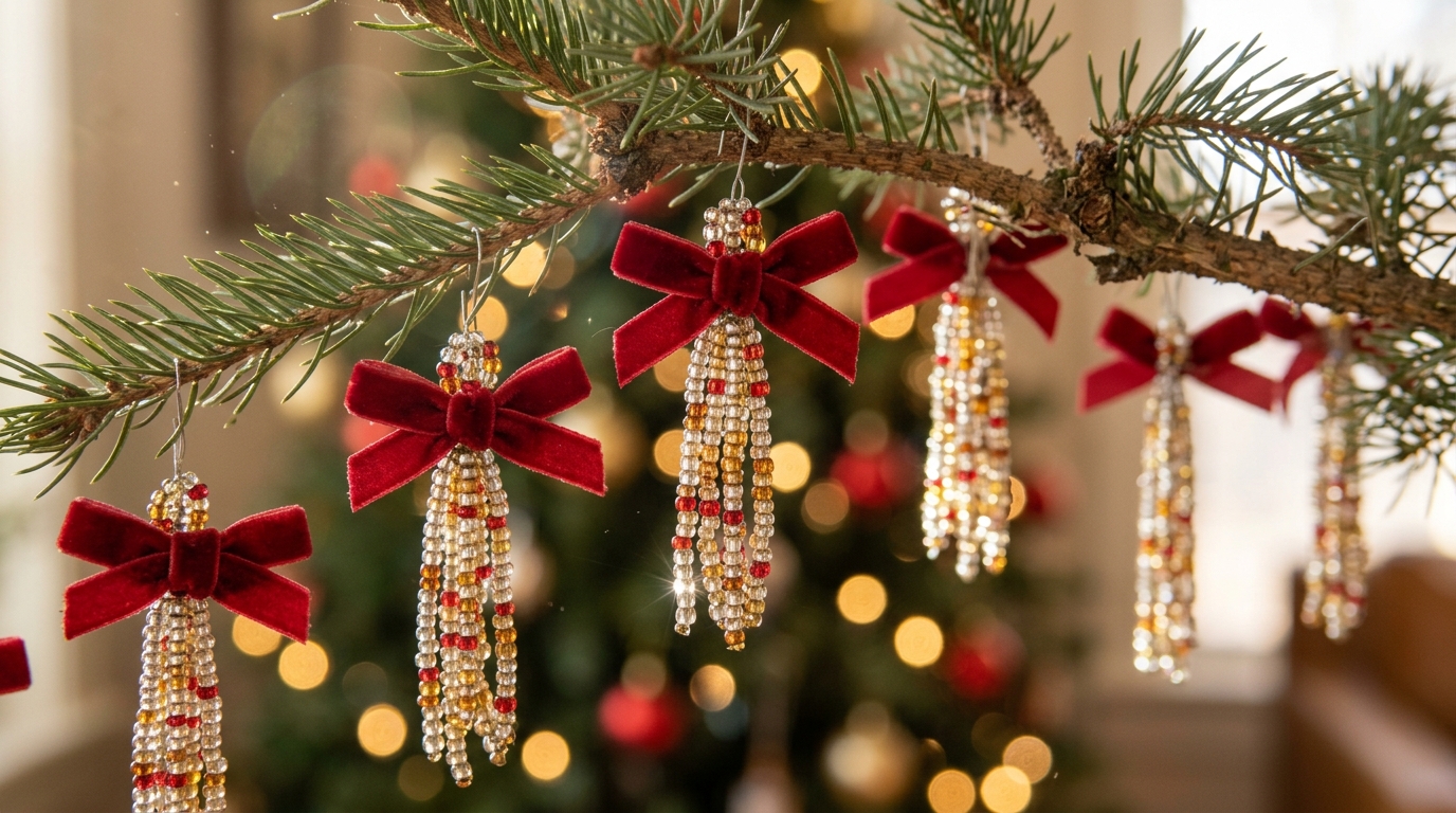 Short bundles of glass bead strands tied with red velvet bows as ornaments