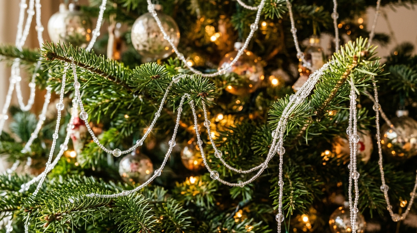 Beaded tinsel strands of clear glass hanging on a green Christmas tree like icicles