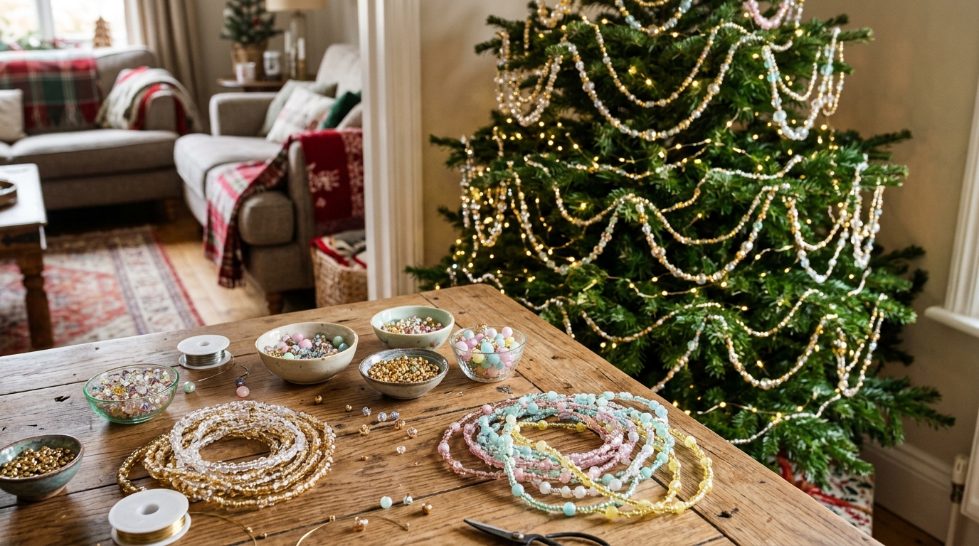 Beaded tinsel strands in gold, clear and pastel glass on a Christmas tree with bowls of beads on a table