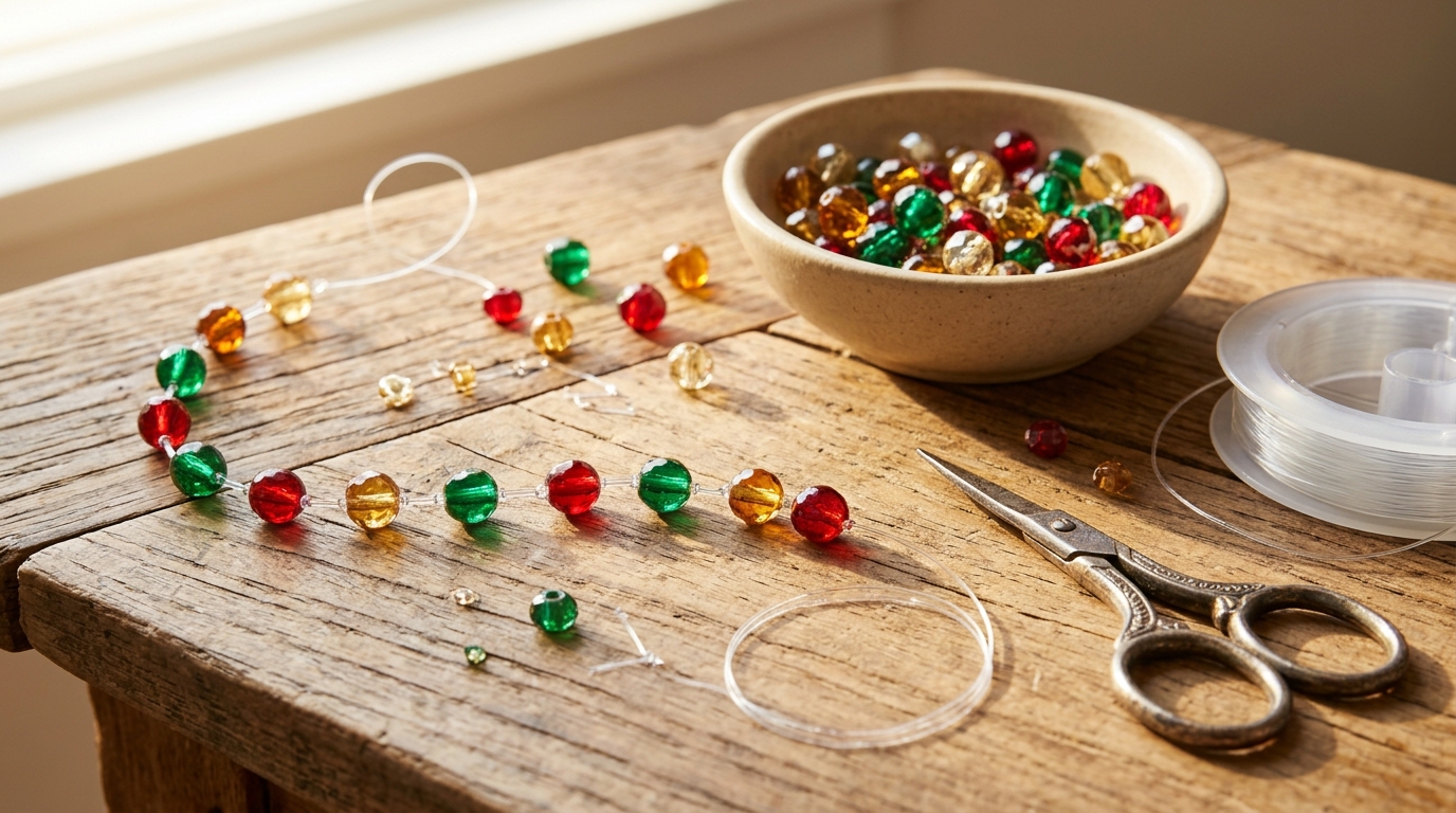 Making beaded tinsel with fishing line, a bowl of glass beads and small scissors