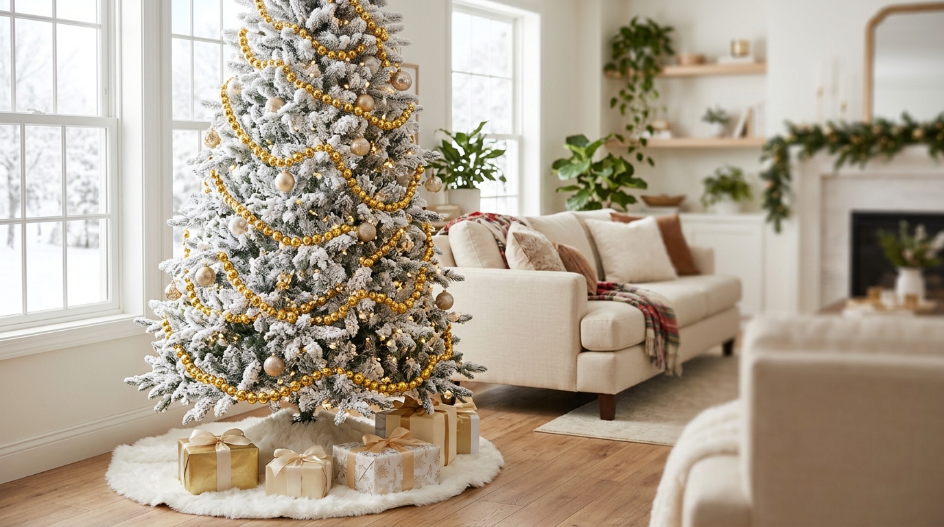 Gold beaded tinsel strands draped on a white flocked Christmas tree in a bright room