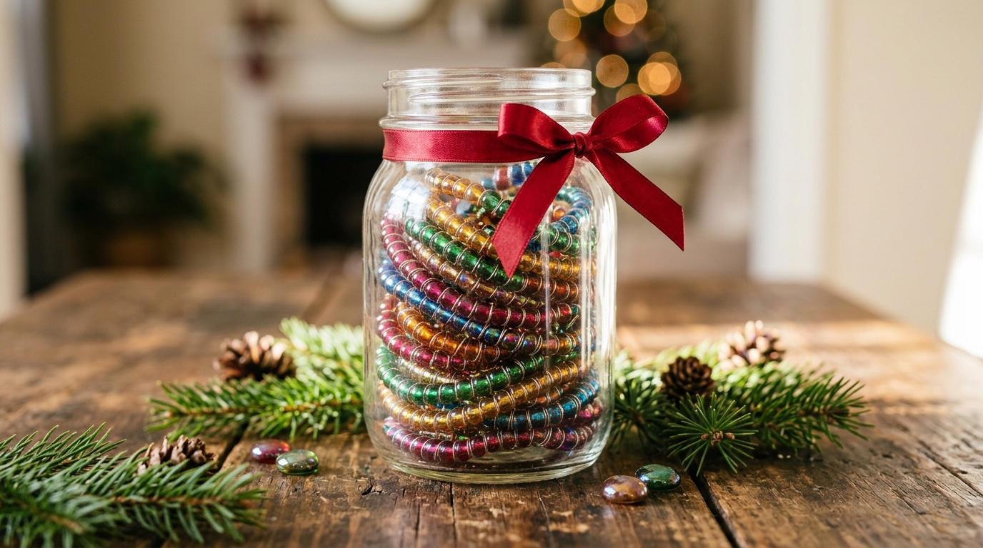 Glass jar filled with coiled bead strands tied with a red ribbon