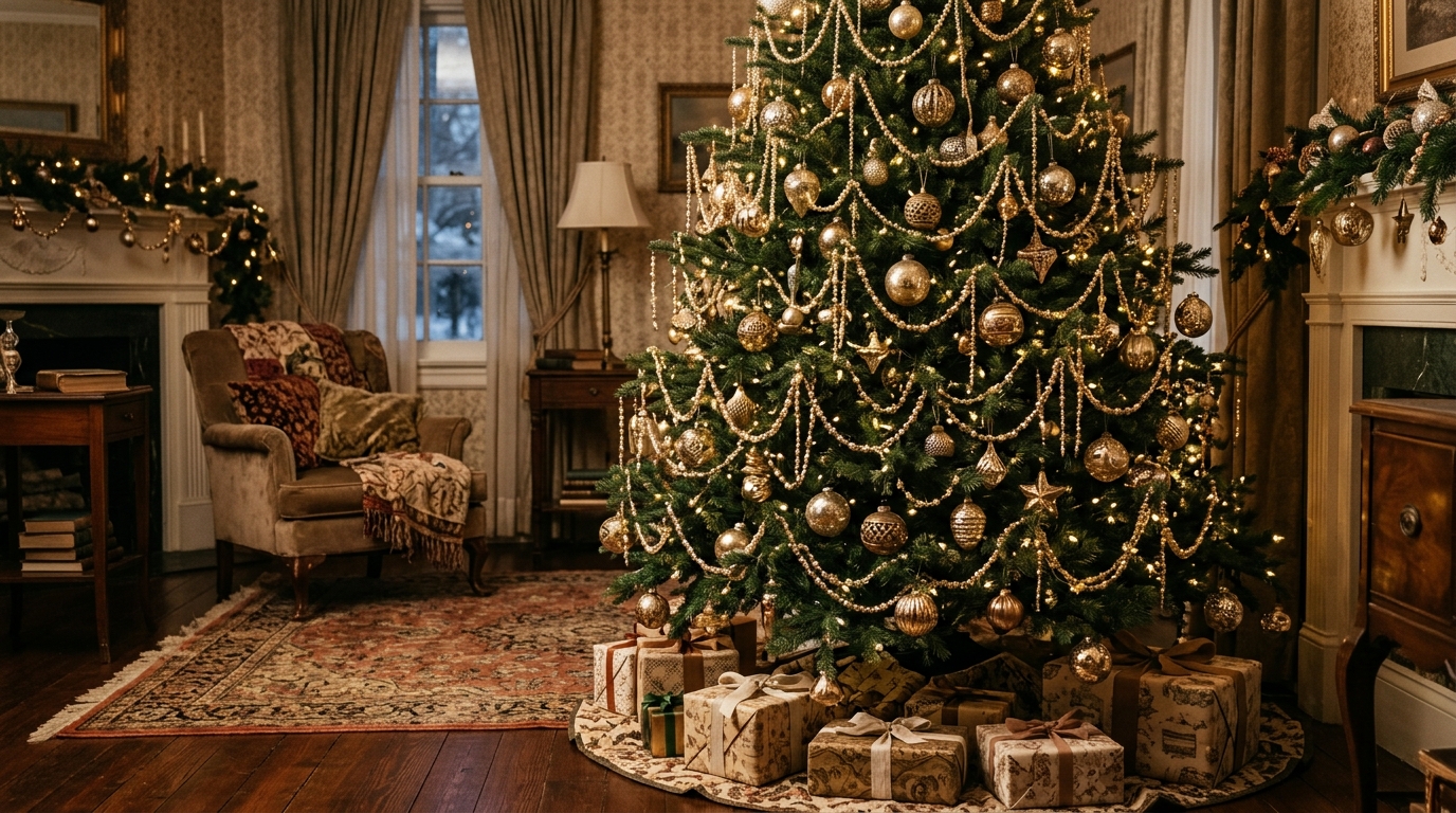 Christmas tree draped in gold and champagne glass bead strands in a cozy room