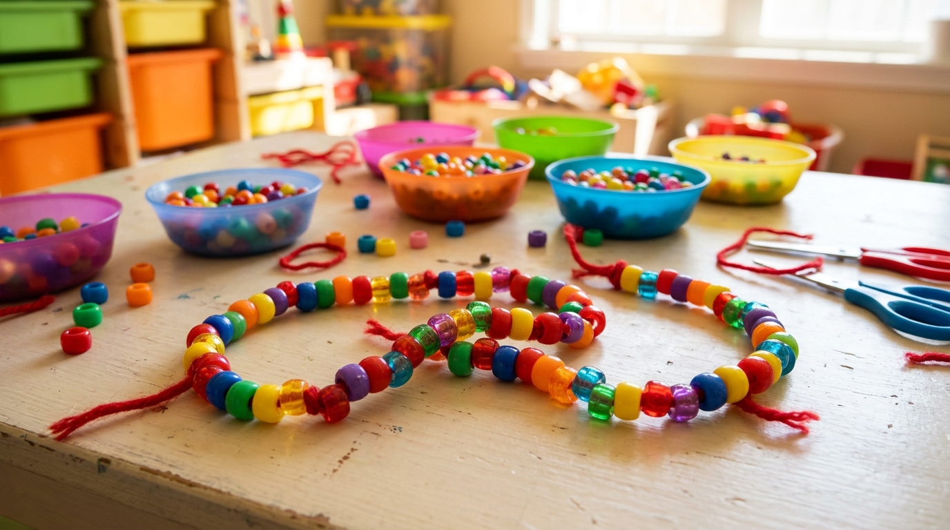 Colorful plastic pony bead strand on red yarn on a playroom table