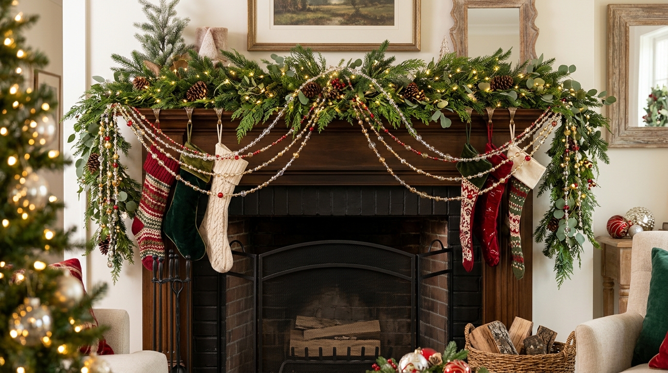 Beaded tinsel draped on a mantel garland with battery LED fairy lights