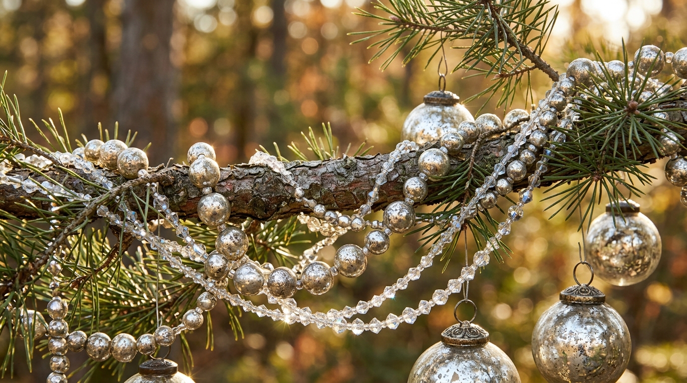 Beaded tinsel of mercury silver beads and faceted crystals on a tree branch