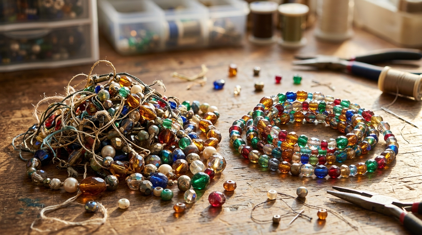Broken costume bead necklaces beside a new beaded tinsel strand made from them