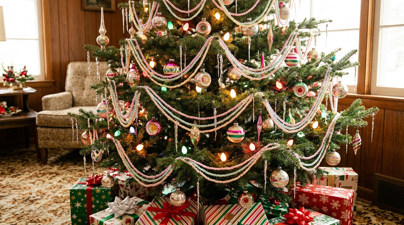 Christmas tree with pastel rainbow glass bead strands and retro ornaments