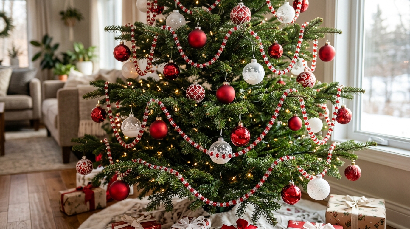 Christmas tree with red and clear glass bead strands like candy canes