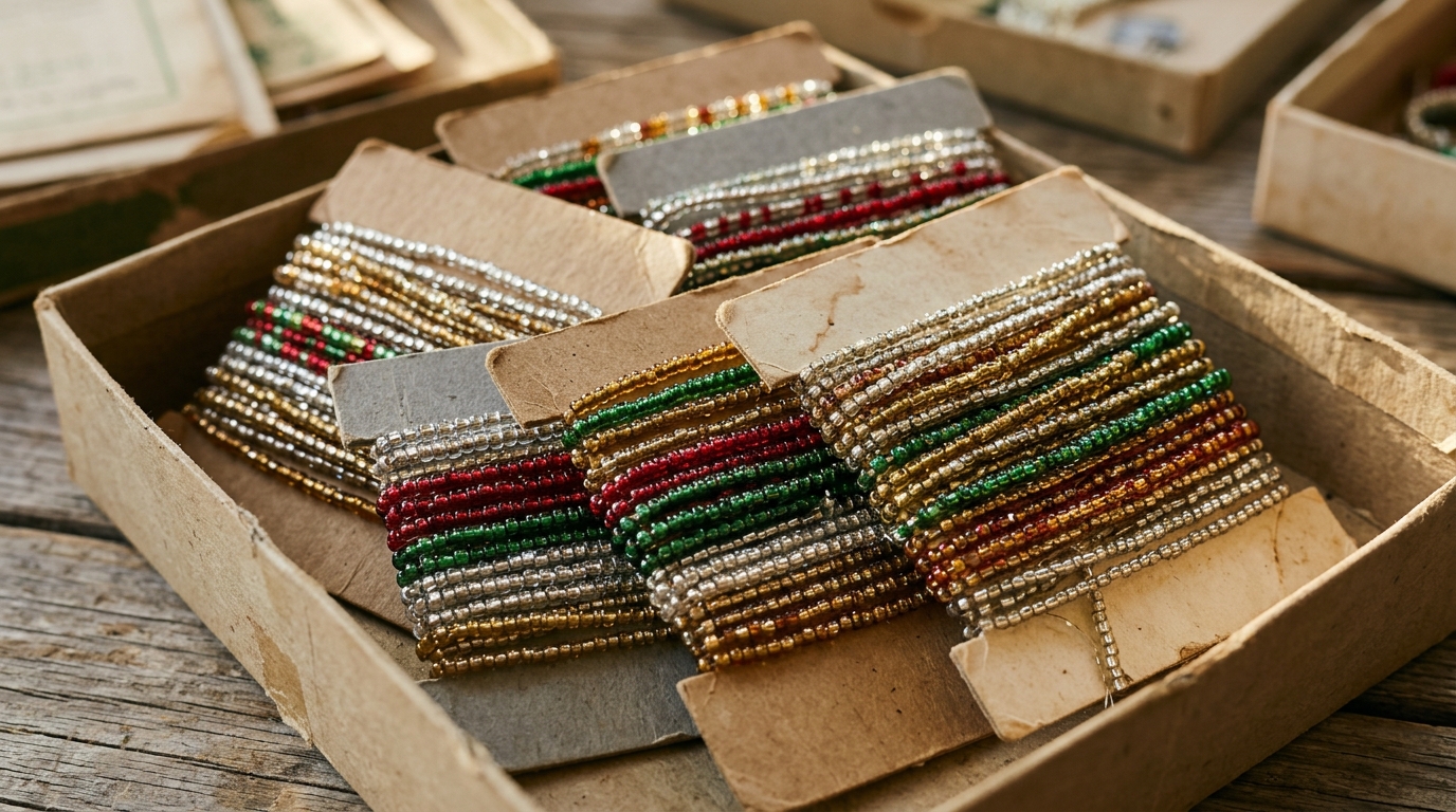 Glass bead strands wound neatly around cardboard cards in a box