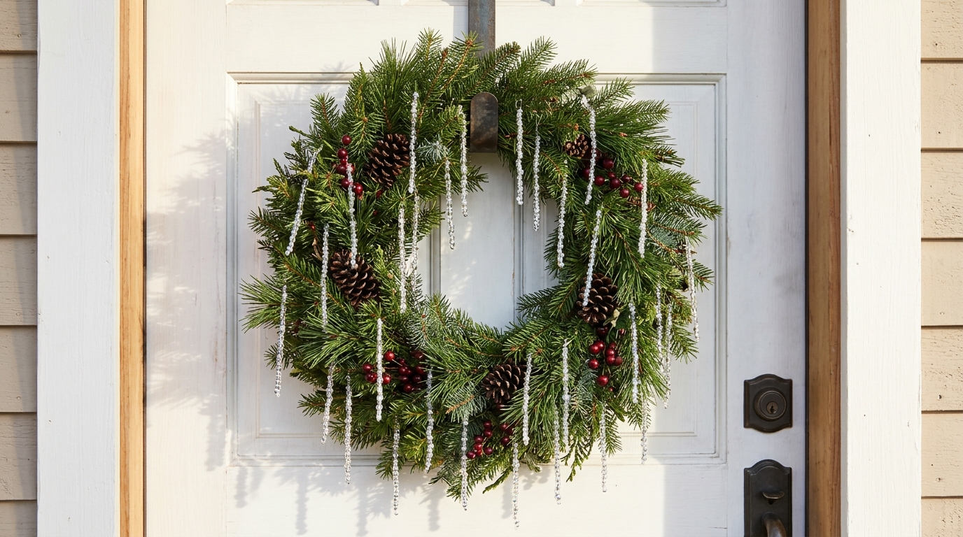 Evergreen wreath with short clear bead strands hanging like icicles