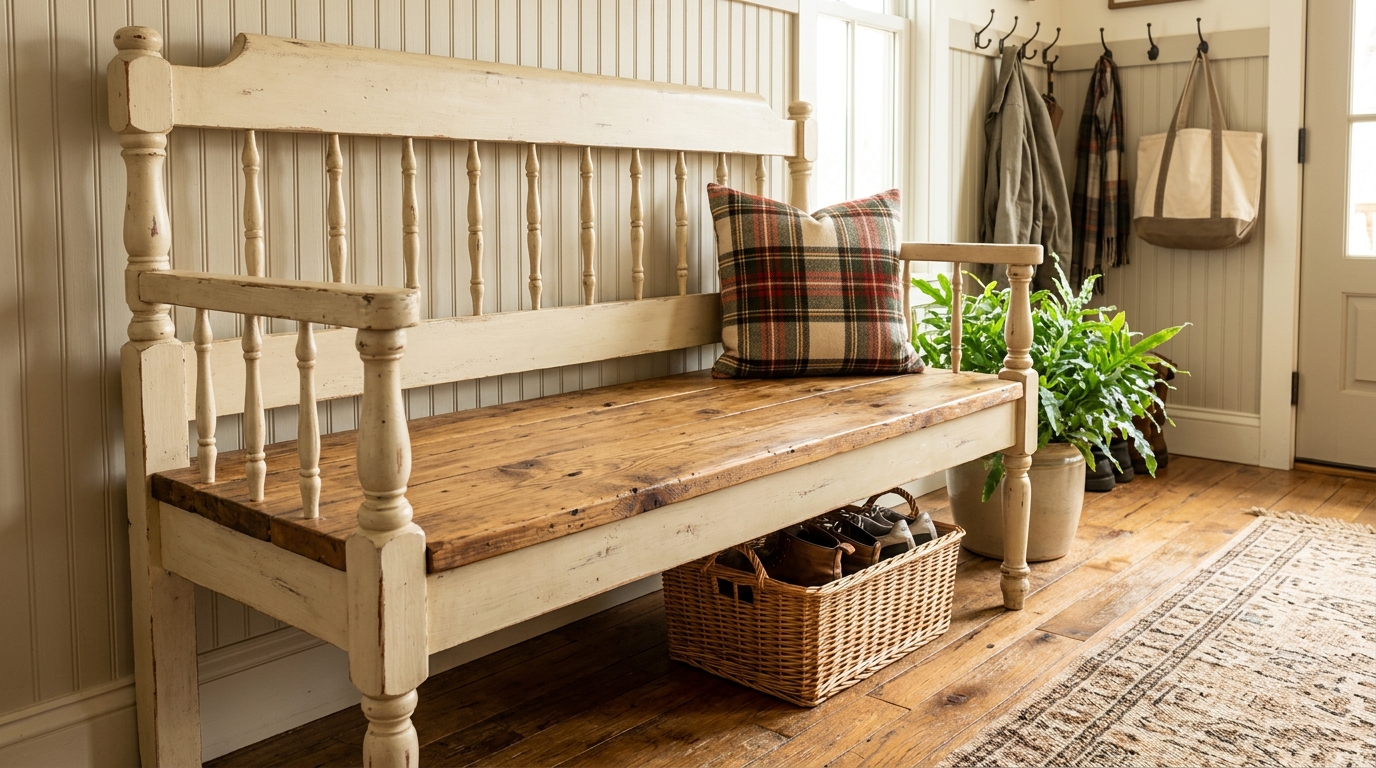 Old headboard ideas: an entry bench made from a headboard and footboard with a plank seat