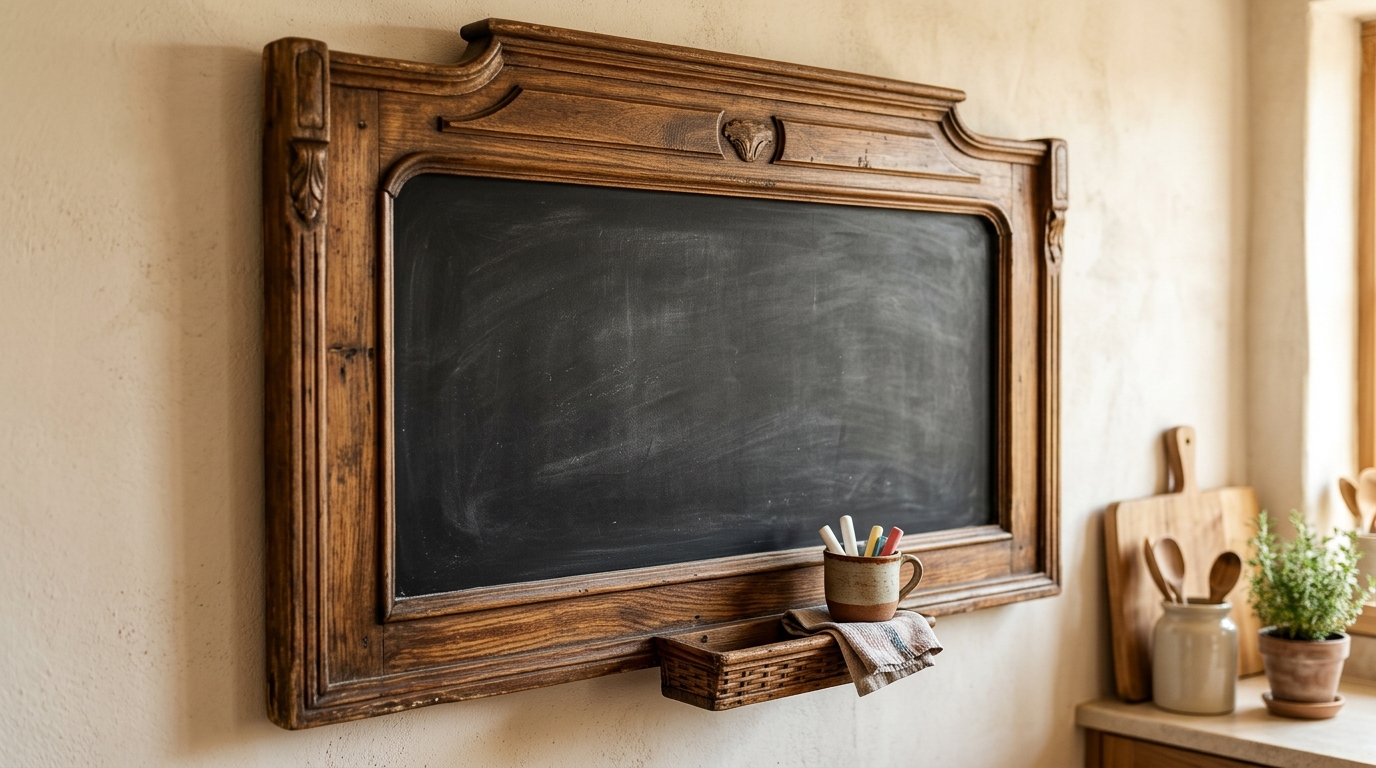 Old headboard ideas: a wooden headboard with a chalkboard center in a kitchen
