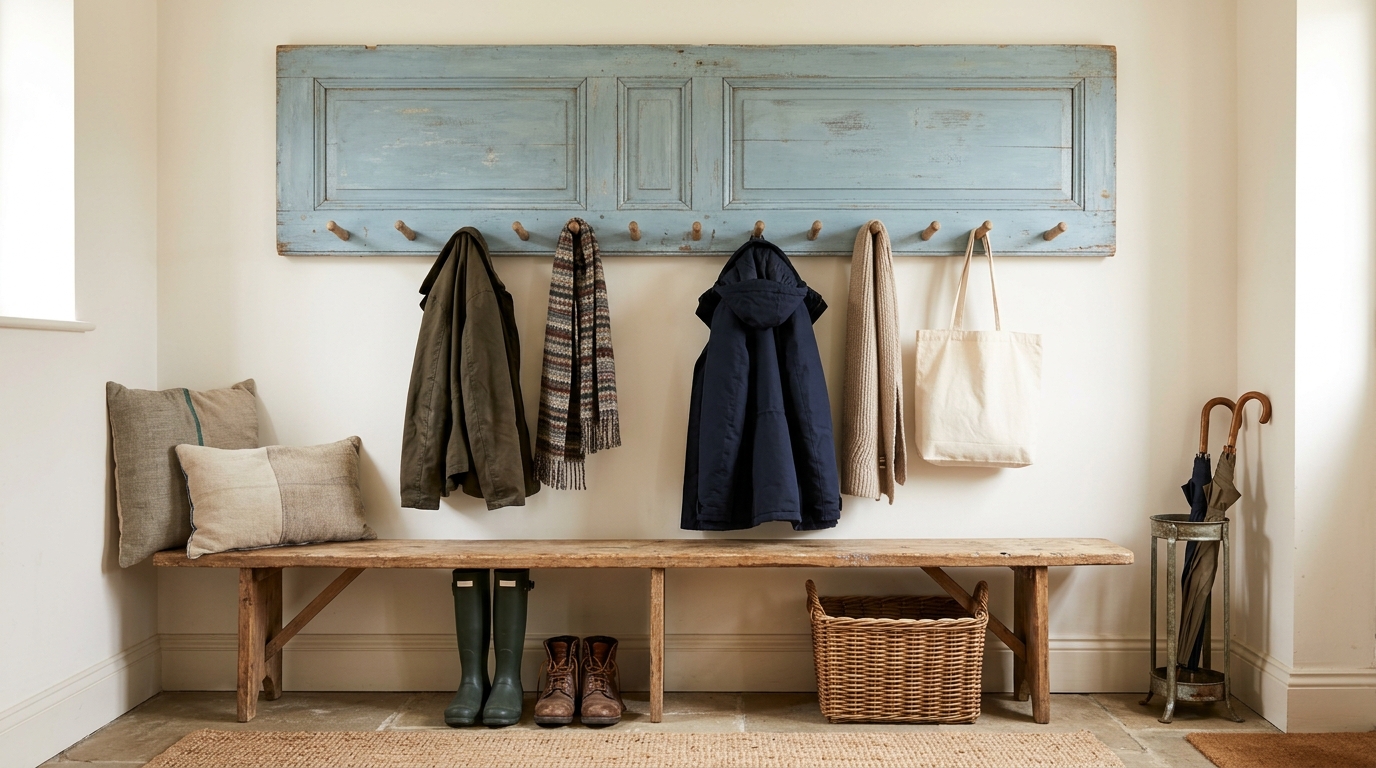 Old headboard ideas: a blue painted headboard on a wall with peg hooks for coats