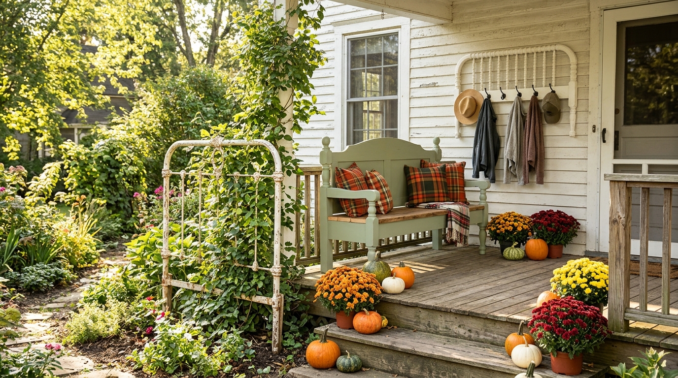 Old headboard ideas on a porch: a headboard bench, an iron headboard trellis and a spindle headboard coat rack