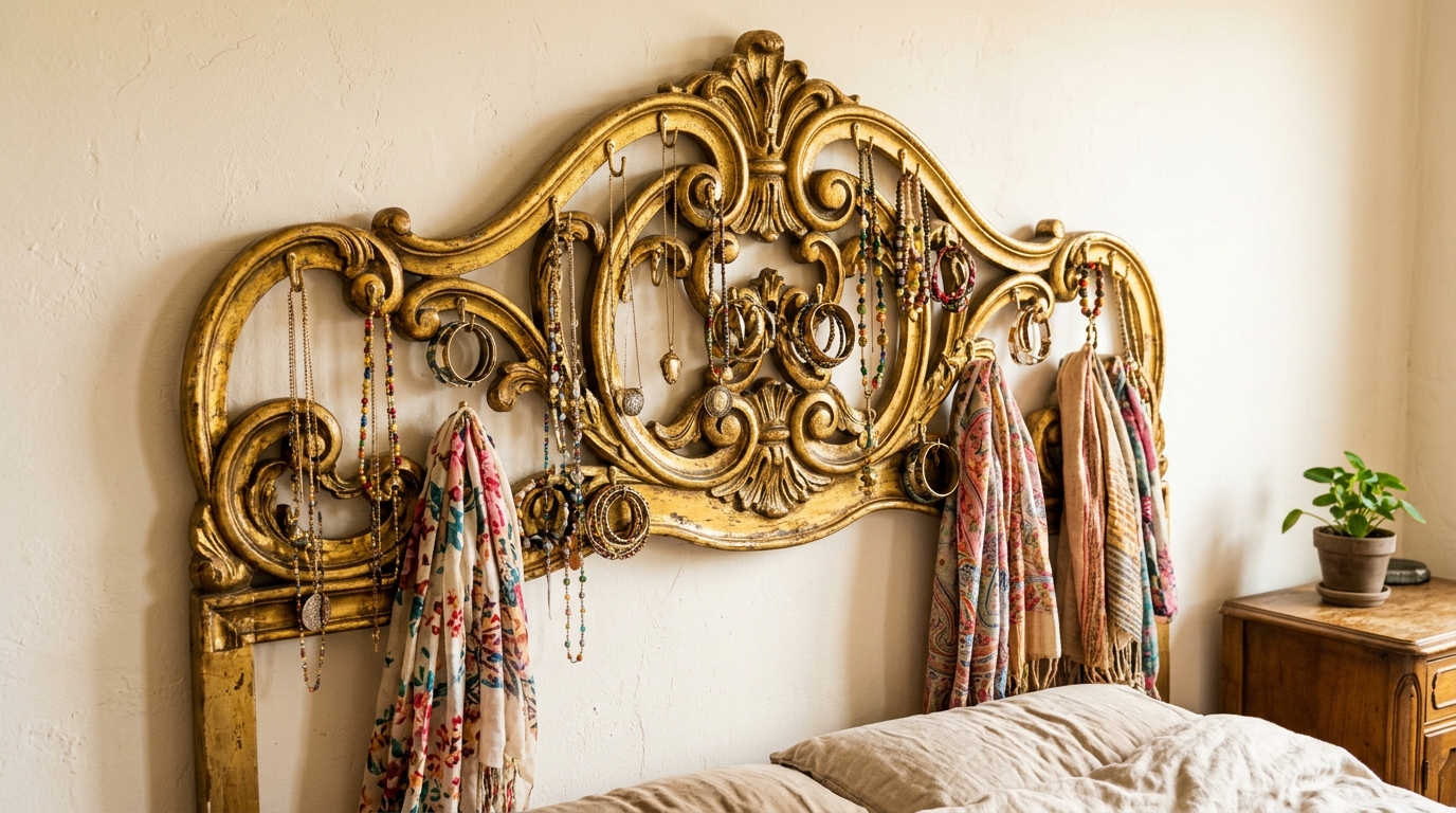 Ornate headboard painted gold with hooks holding necklaces and scarves