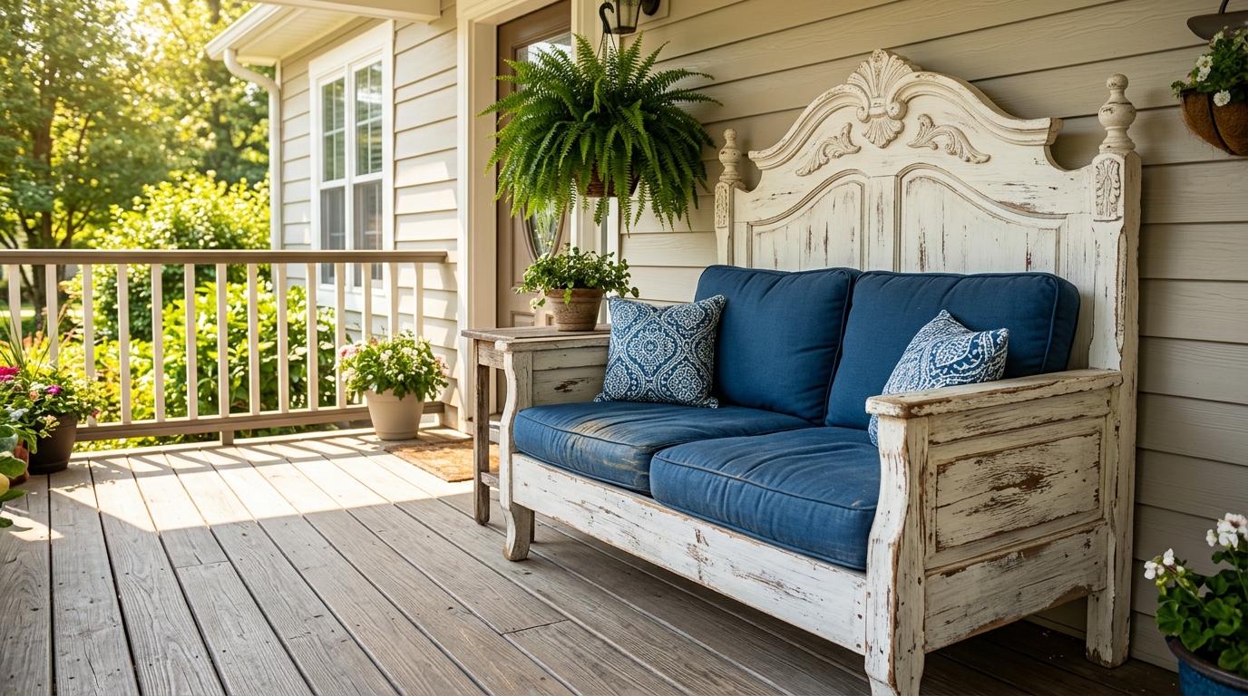 Small porch loveseat made from two white painted headboards with blue cushions